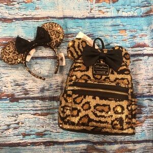 NWT Loungefly Leopard Sequin Backpack and Disney Ears
